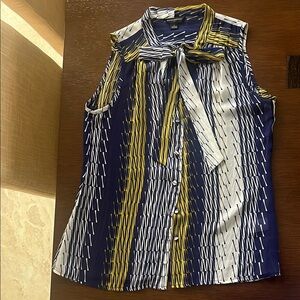 Banana Republic Factory Blue and White Sleeveless Tie Front Blouse